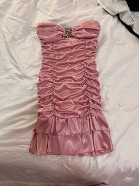 Deb Pink Ruched Strapless Satin Mini Dress with Embellished Bust